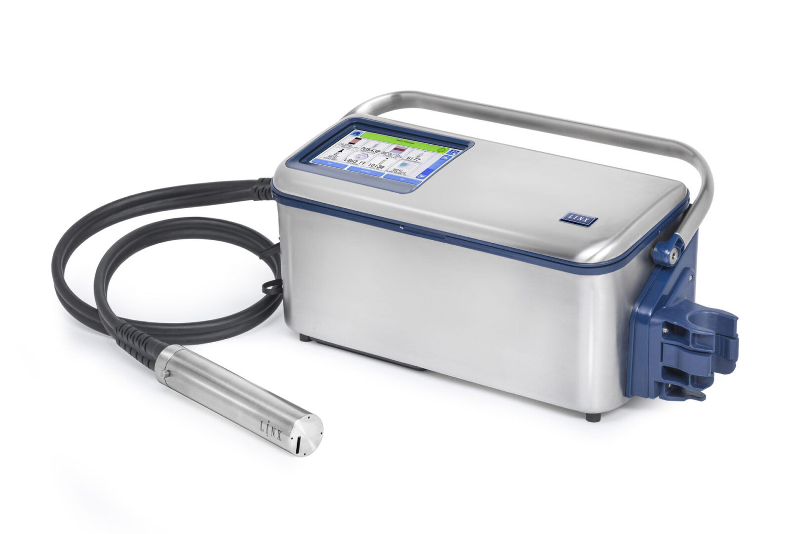 Portable inkjet printer with hose and nozzle.